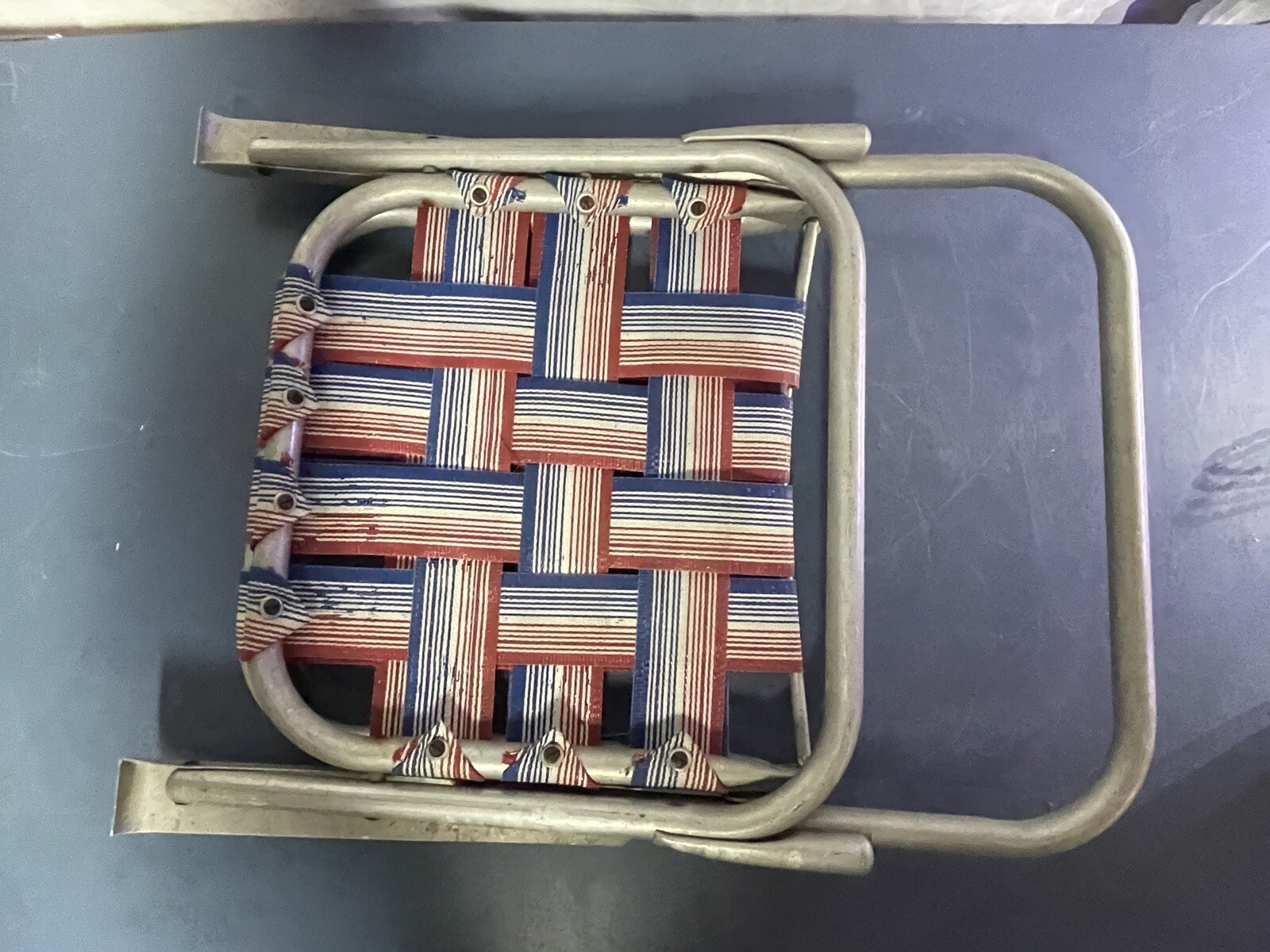 Vintage Gay Branded Child’s Aluminum Webbed Lawn Chair Red White And Blue BR