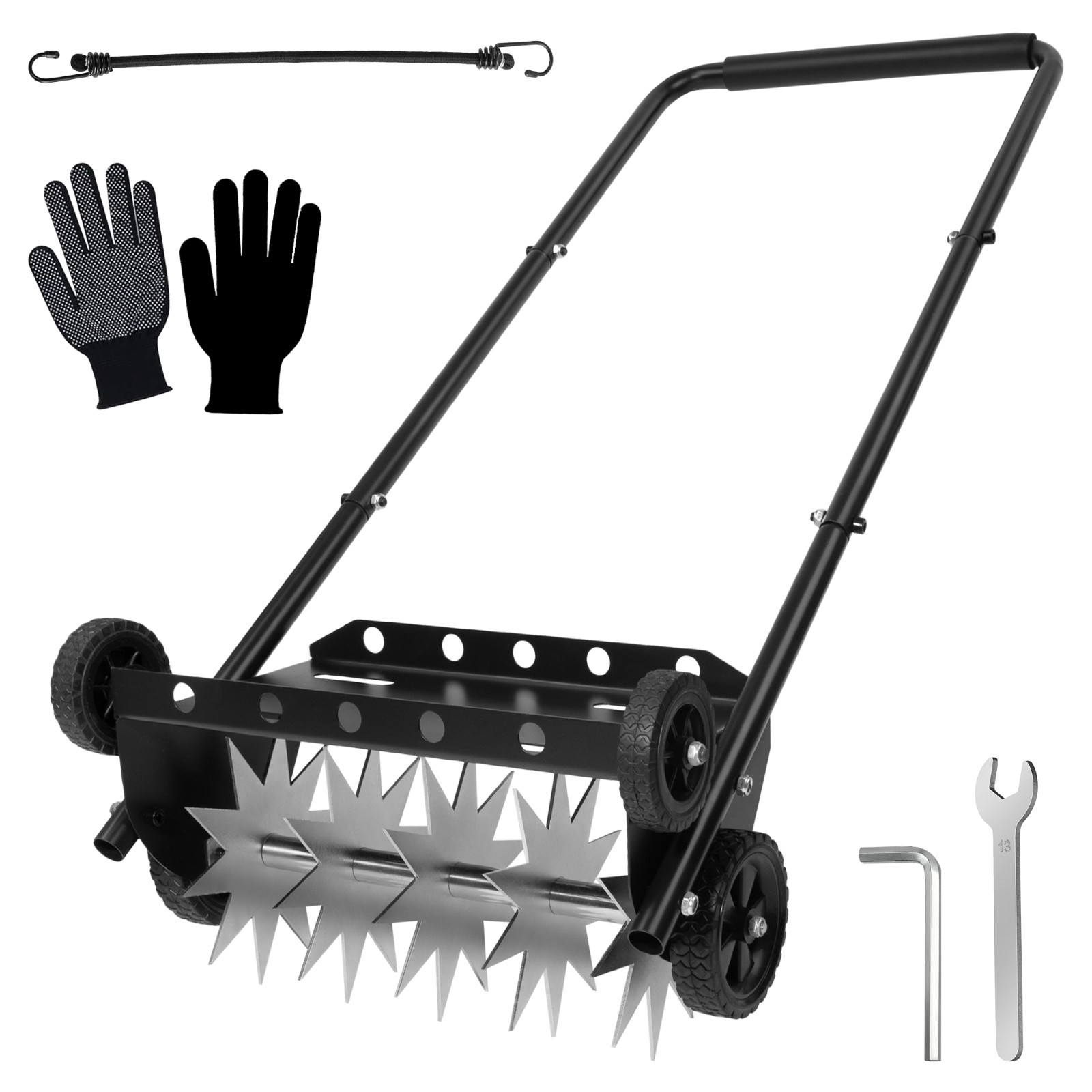 18IN Push Spike Lawn Aerator, 4-Wheel Manual Rotary Aerator with 5 Steel Spikes