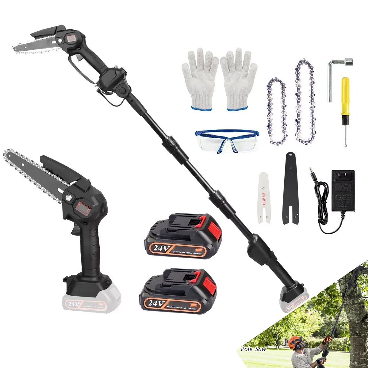 2 in1 Cordless Pole Saw Brushless Mini Chainsaw for Tree Trimming w/ 2 Batteries