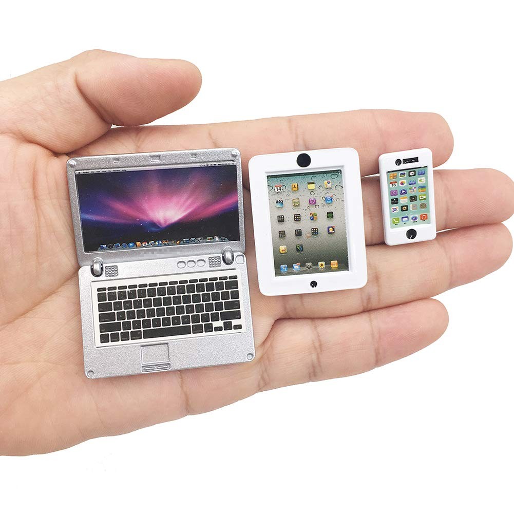 3 Pc Dollhouse Mini Laptop Tablet Smart Phone 1/6 1/12 Miniature Metal Doll