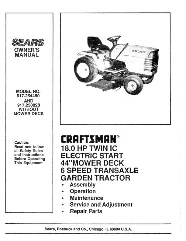 Owner’s Manual Sears Craftsman 18.0 HP Lawn Tractor 44” Mower – Model 917.254450
