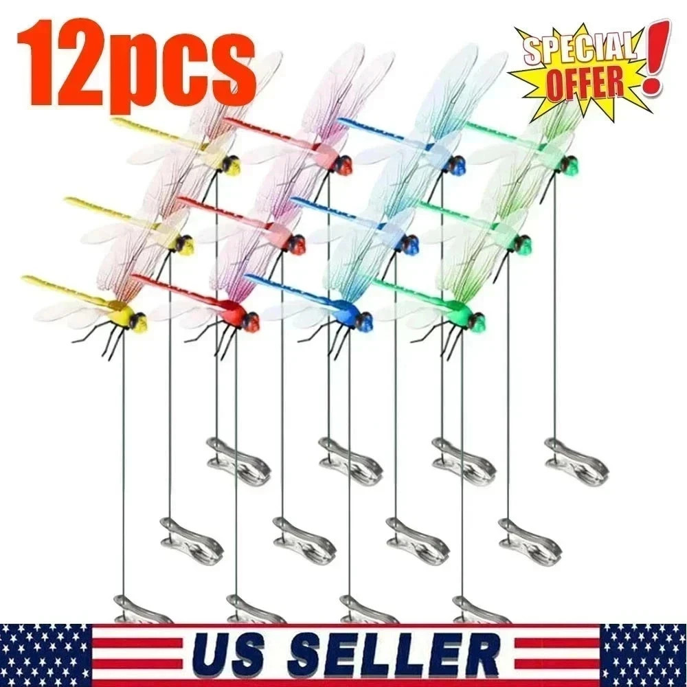 12×Fake Dragonfly Clips Clip on Dragonfly for Outdoors 3D Dragonfly Garden Decor