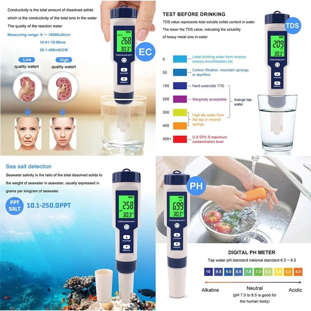 PH/TDS/EC/Salinity/Temperature 5 In 1 Digital Water Quality Meter Tester Tool US