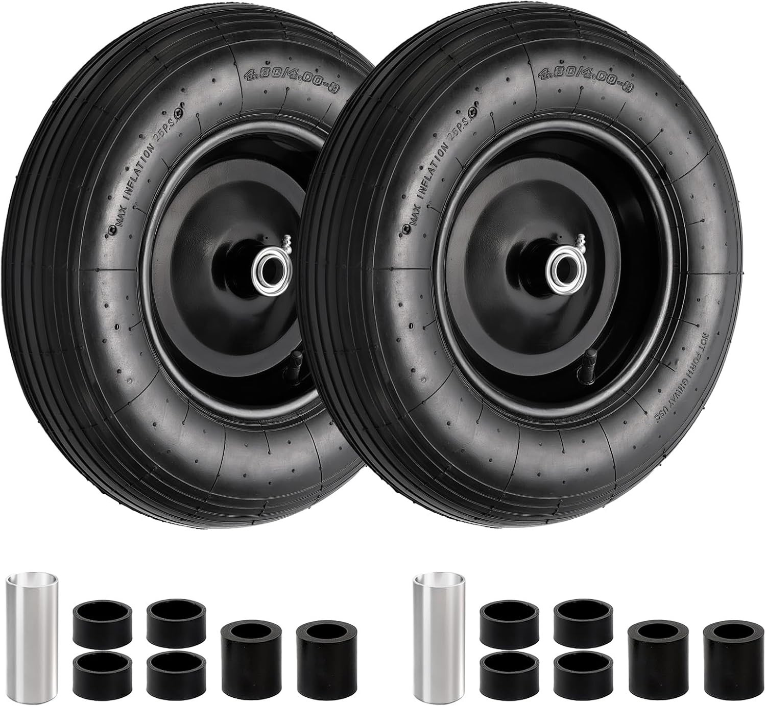 (2 Pack) 4.80/4.00-8 Tire and Wheel, 16″ Pneumatic Wheelbarrow Tires with 3″ Cen