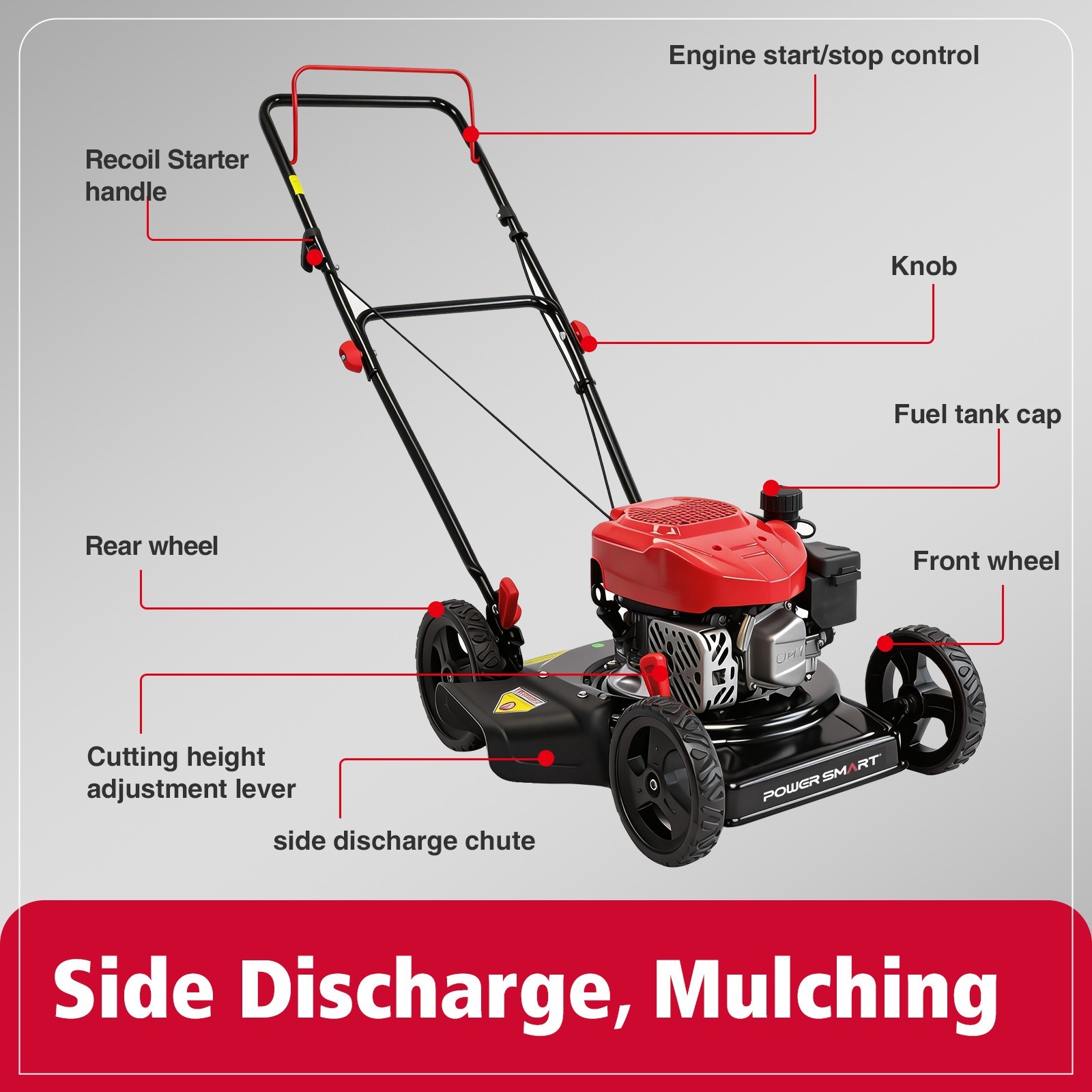 PowerSmart 18″ Gas Push Lawn Mower, 144cc, 2-in-1 Mulching & Side Discharge, New