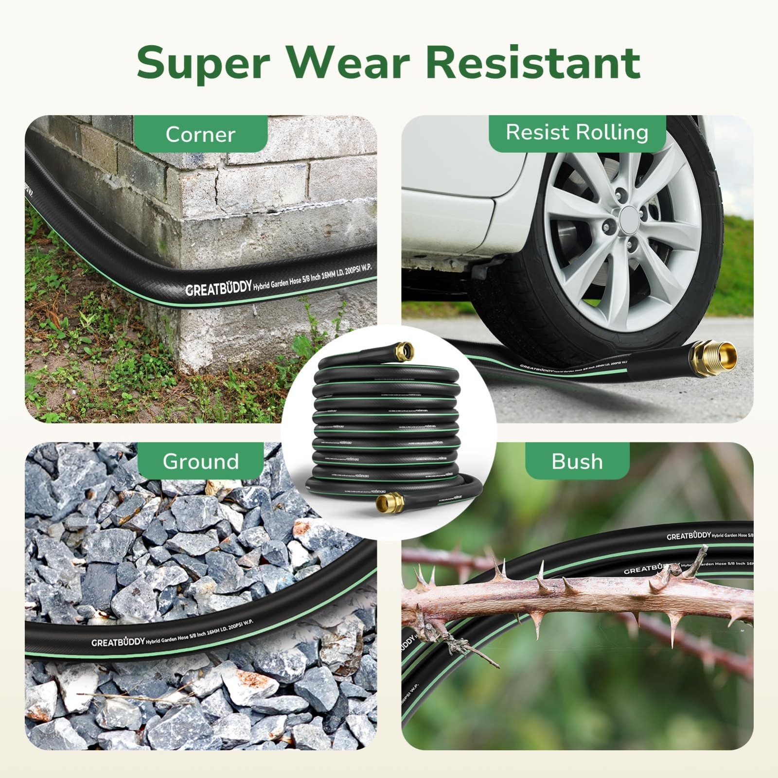 100FT 5/8′ Rubber Garden Hose – Heavy Duty Water Hose, Male to Female, 600PSI