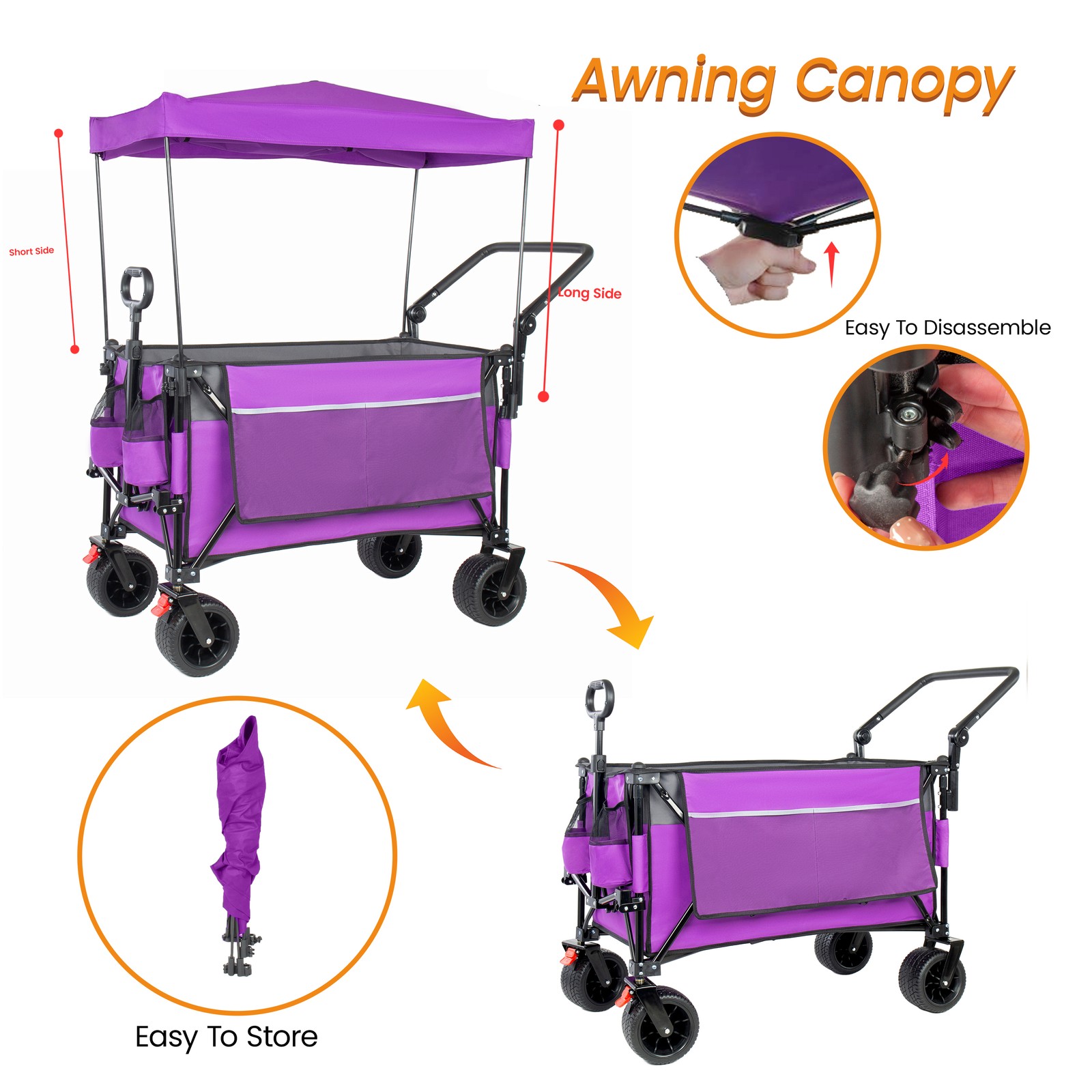 Folding Wagon Cart with Canopy, 480 lbs Capacity, 300L, 7″ Wheels, Purple
