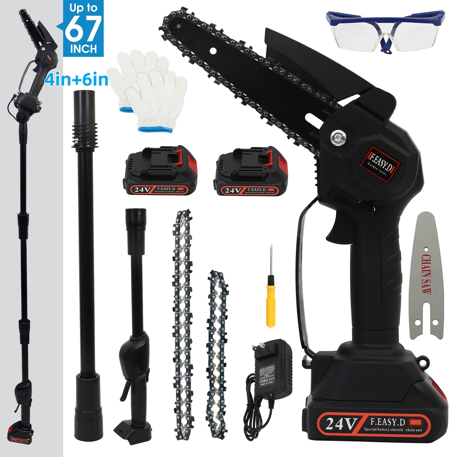 2 in1 Cordless Pole Saw Brushless Mini Chainsaw for Tree Trimming w/ 2 Batteries
