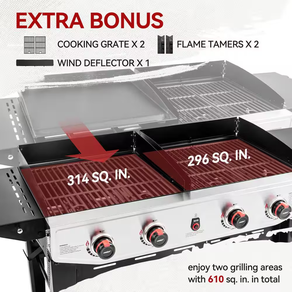 4-Burner Gas Grill and Griddle Combo with Cooking Grates, Black and Silver, Heav
