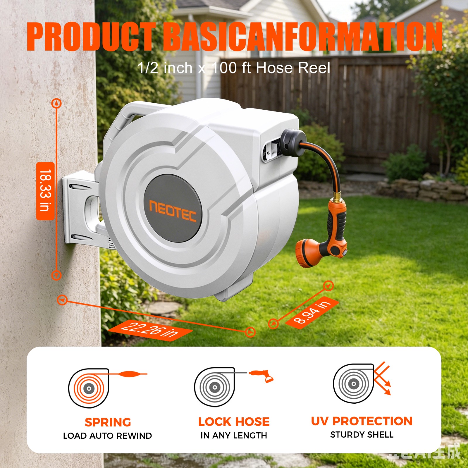 5/8 in X 100 Ft Retractable Garden Hose Reel , Wall Mounted, 9-Function Sprayer