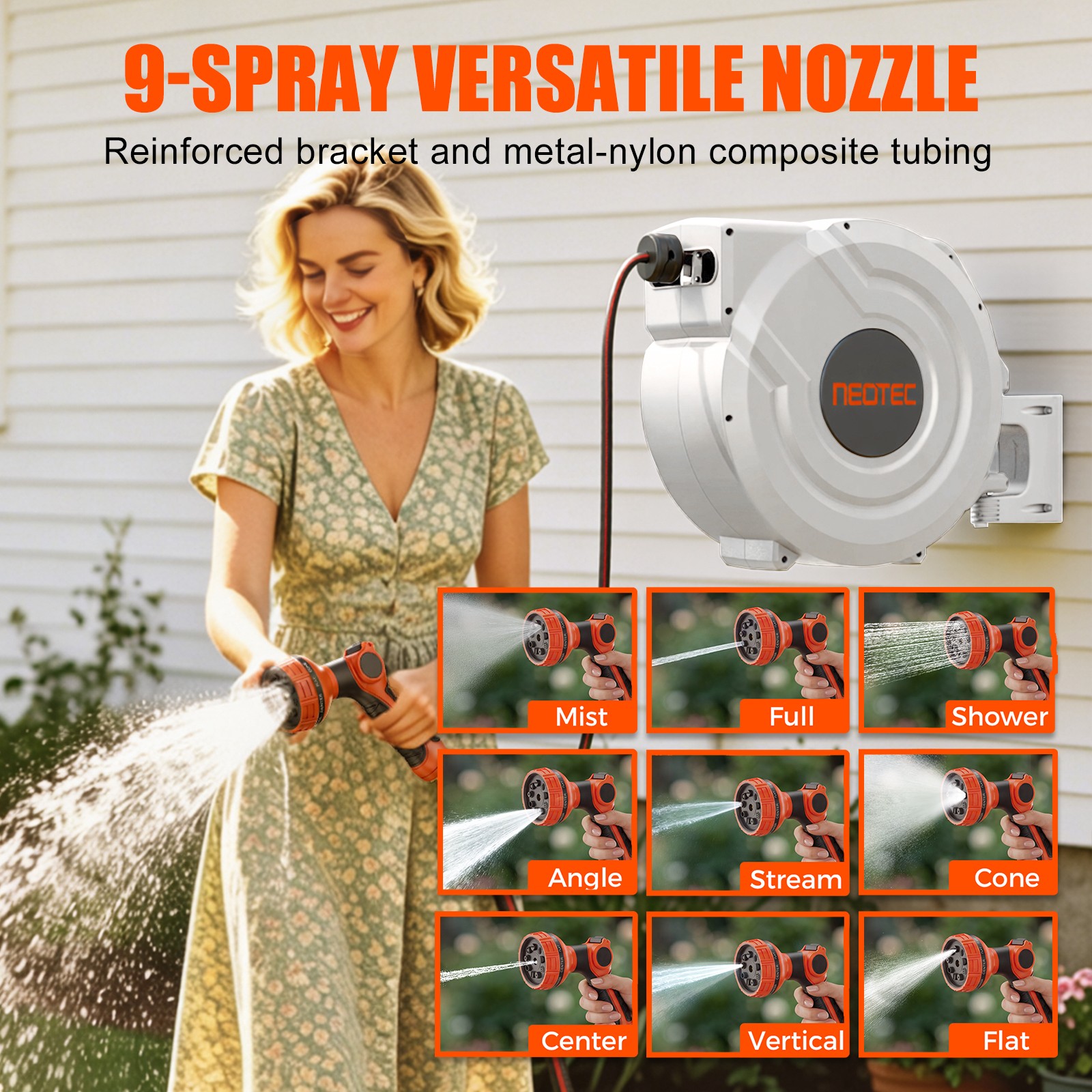 5/8 in X 100 Ft Retractable Garden Hose Reel , Wall Mounted, 9-Function Sprayer