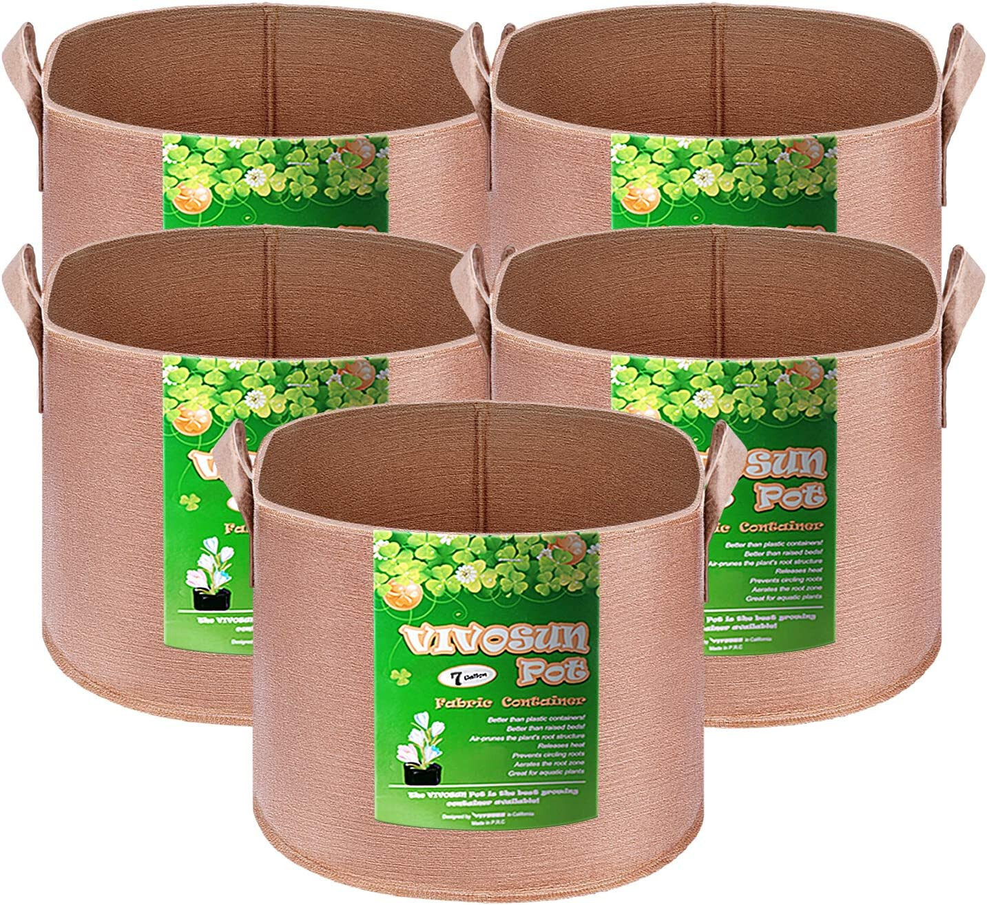 VIVOSUN 5-Pack 7 Gallons Grow Bags Thickened Nonwoven Fabric Pots with Handles