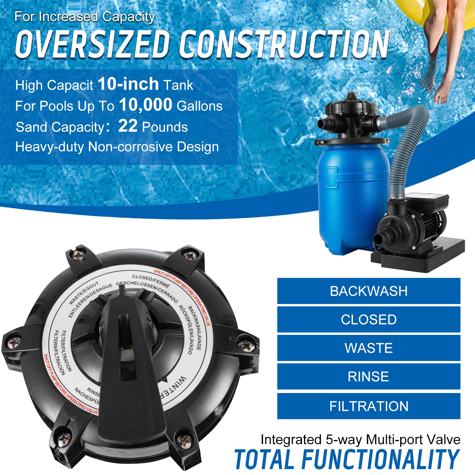 Sand Filter Above Ground with 1/3HP Pool Pump 2640GPH Flow 10″ 6-Way Valve