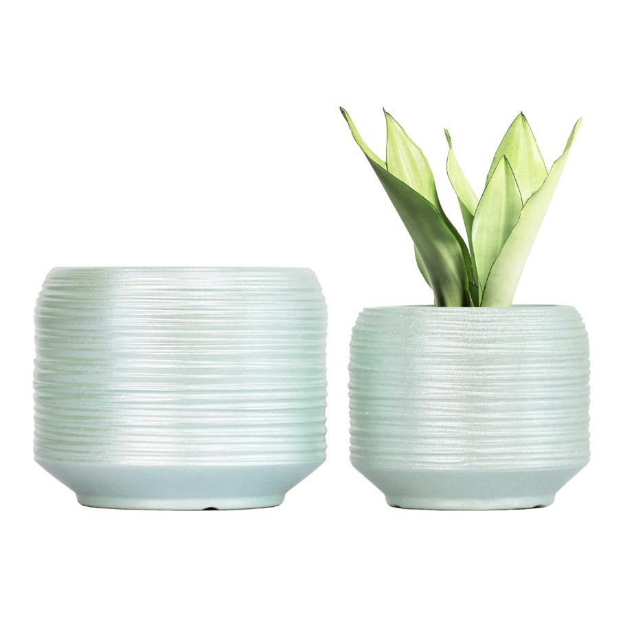 8 Inch + 6 Inch Ceramic Plant Pots with Drainage Flower Pot Set Light Green🪴