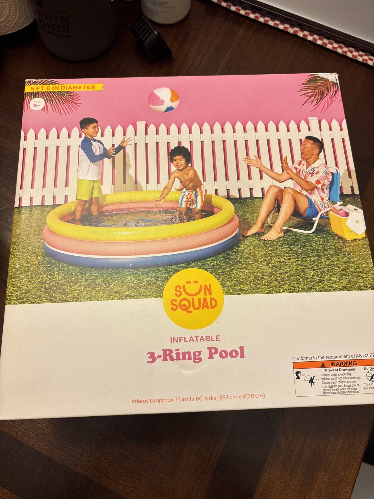 Sun Squad Inflatable 3 Ring Pool 105 gal Round Kiddie Pool – Yellow/Pink/Navy
