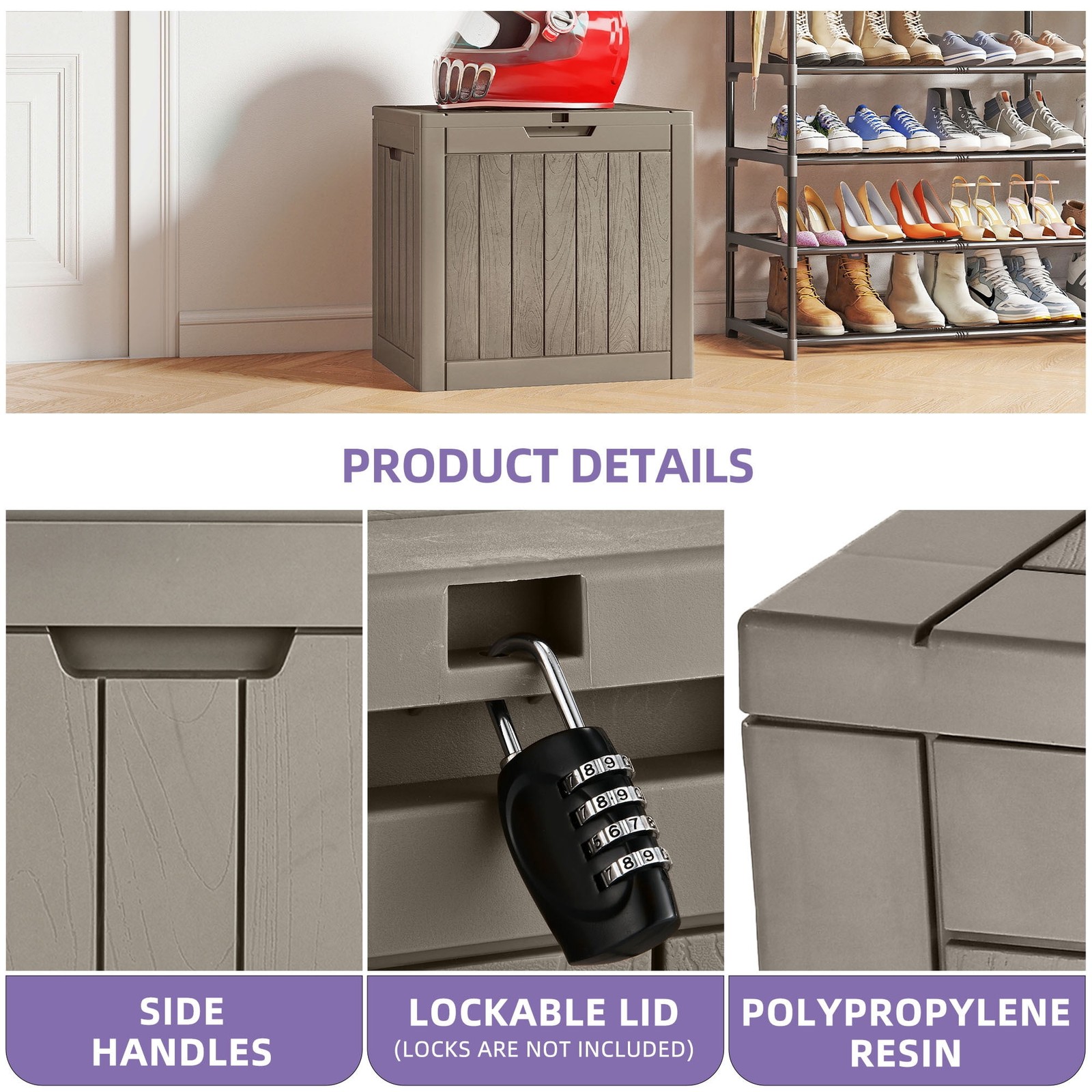 31 Gallon Lockable Resin Outdoor Storage Box, Waterproof Deck Box