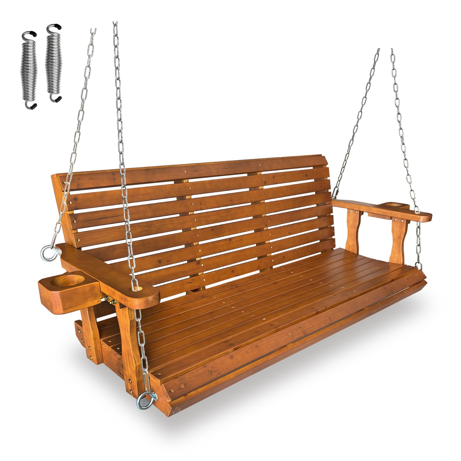 5FT Wooden Porch Swing w/ Cup Holders, 3-Person Outdoor Hanging Swing, Brown