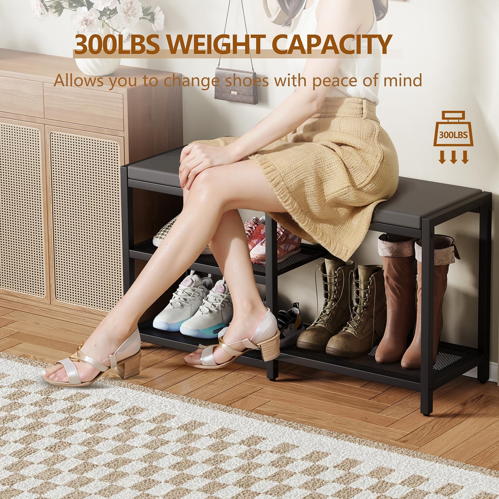 ZHOOGE Shoe Bench & Rack Storage – Entryway 35″L x 12″W x 17″H, Black