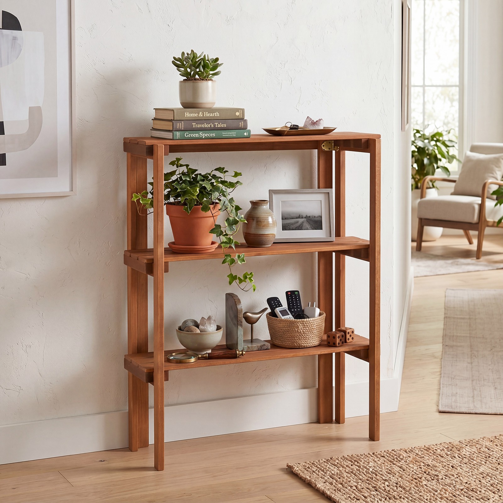 Folding Wooden Storage Shelves, 3-Tier Plant Stand Indoor Outdoor for Entryway