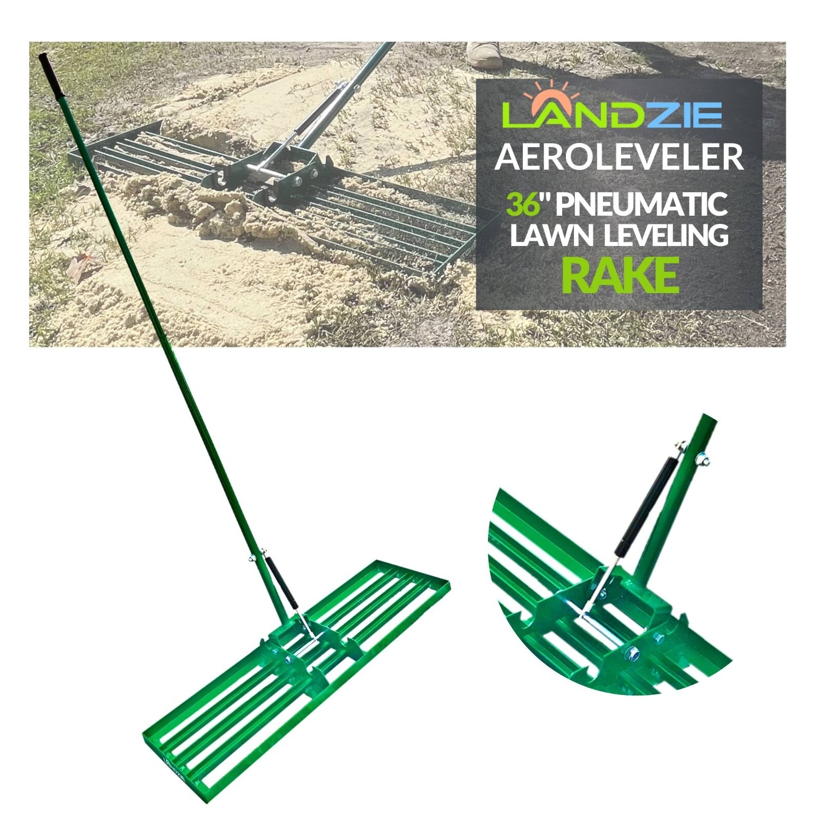 LANDZIE AeroLeveler – Patented 36 inch Wide Pneumatic Lawn Leveling Rake