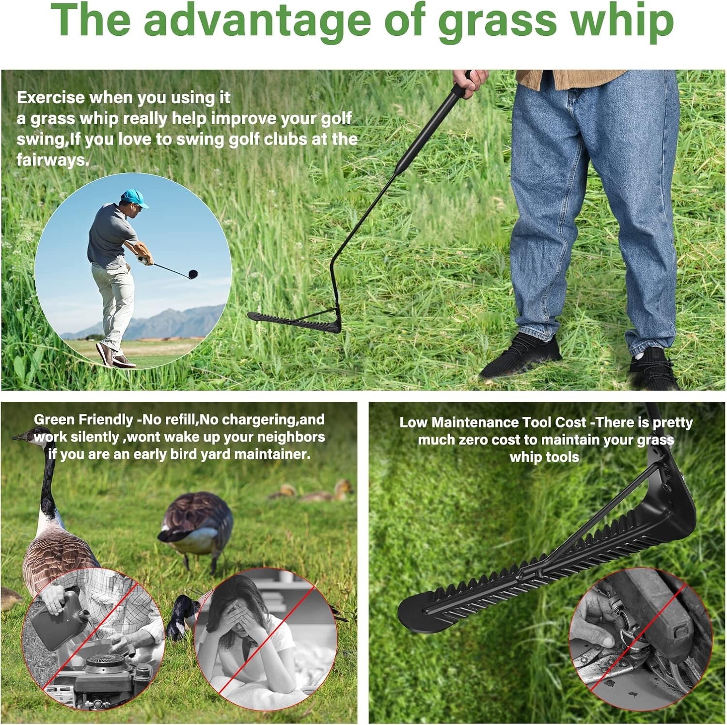 Grass Whip with Double-Edged Serrated Blade Manual Weed Whacke Swing Blade