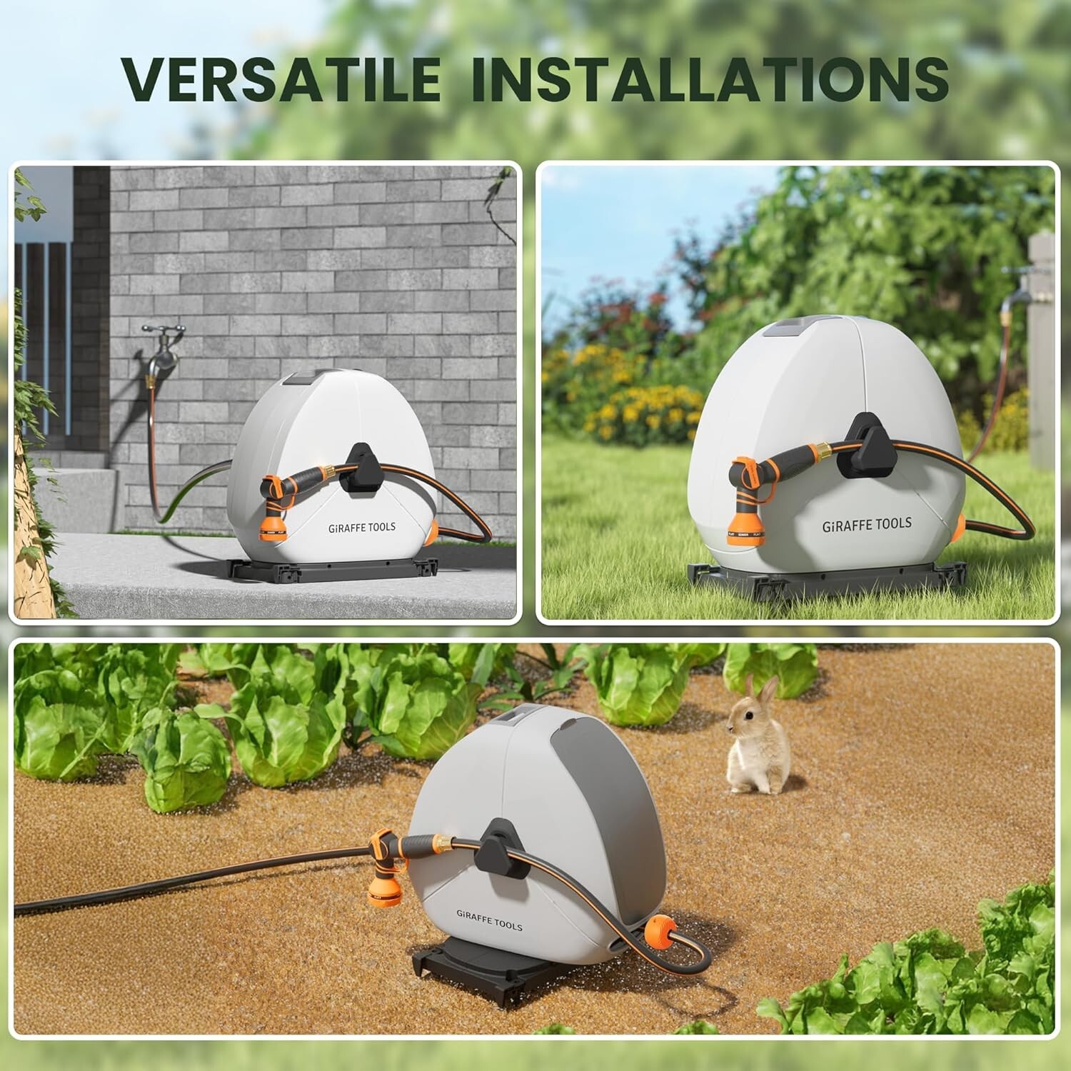 Giraffe Tools Retractable Garden Hose Reel 5/8 Inch x 92FT Watering Ground Mount