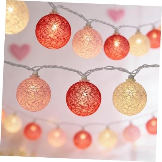 Red Pink and White Cotton Ball String Lights, 8.5Ft Valentine’s Day Plug in