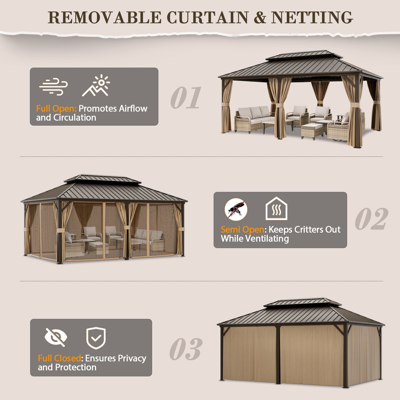 EAGLE PEAK 12×18 Hardtop Gazebo with Netting and Curtains