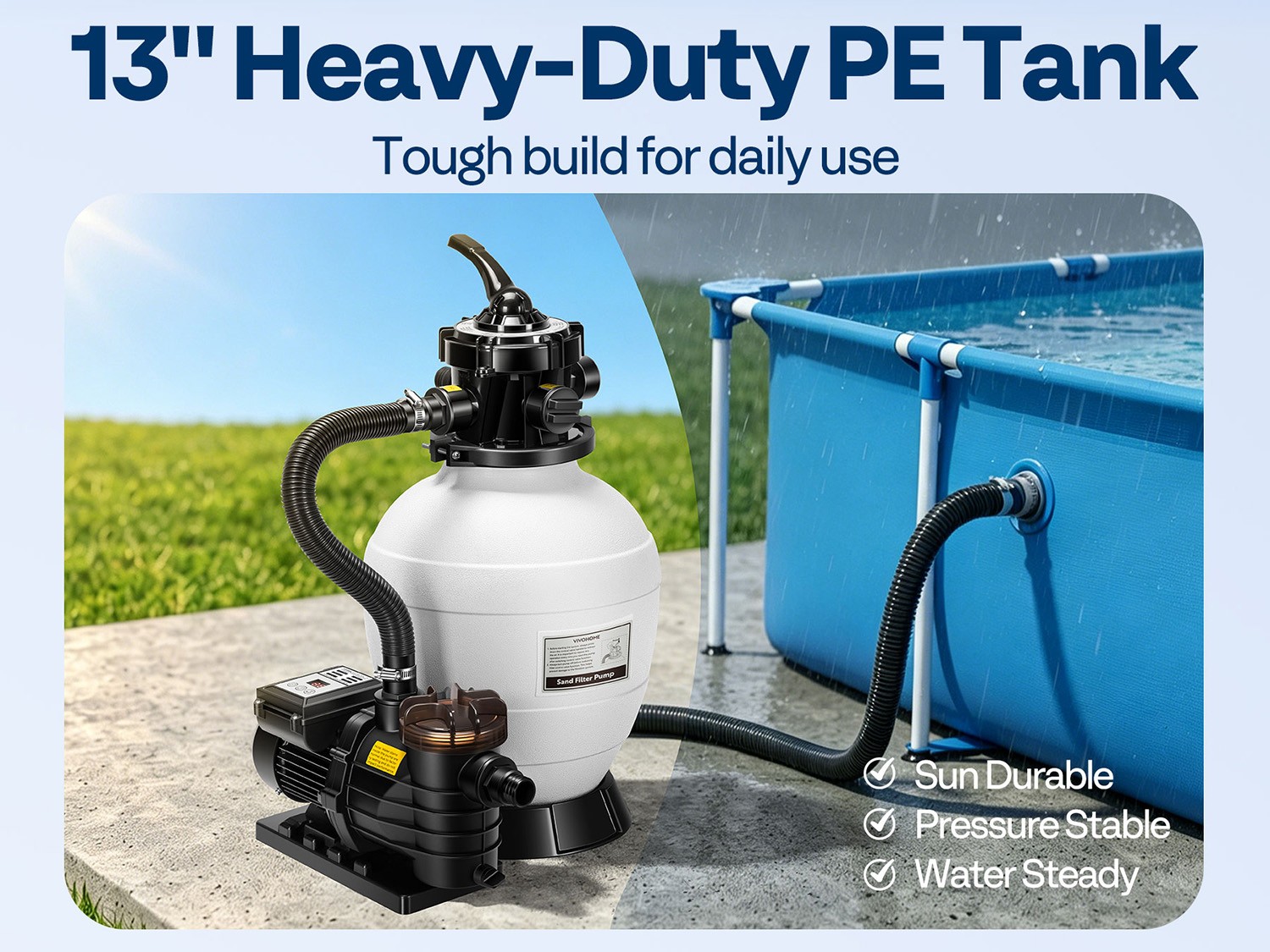 13 in Sand Filter Pump for In/Above Ground Swimming Pools 3/4 HP 2640 GPH 7-Way