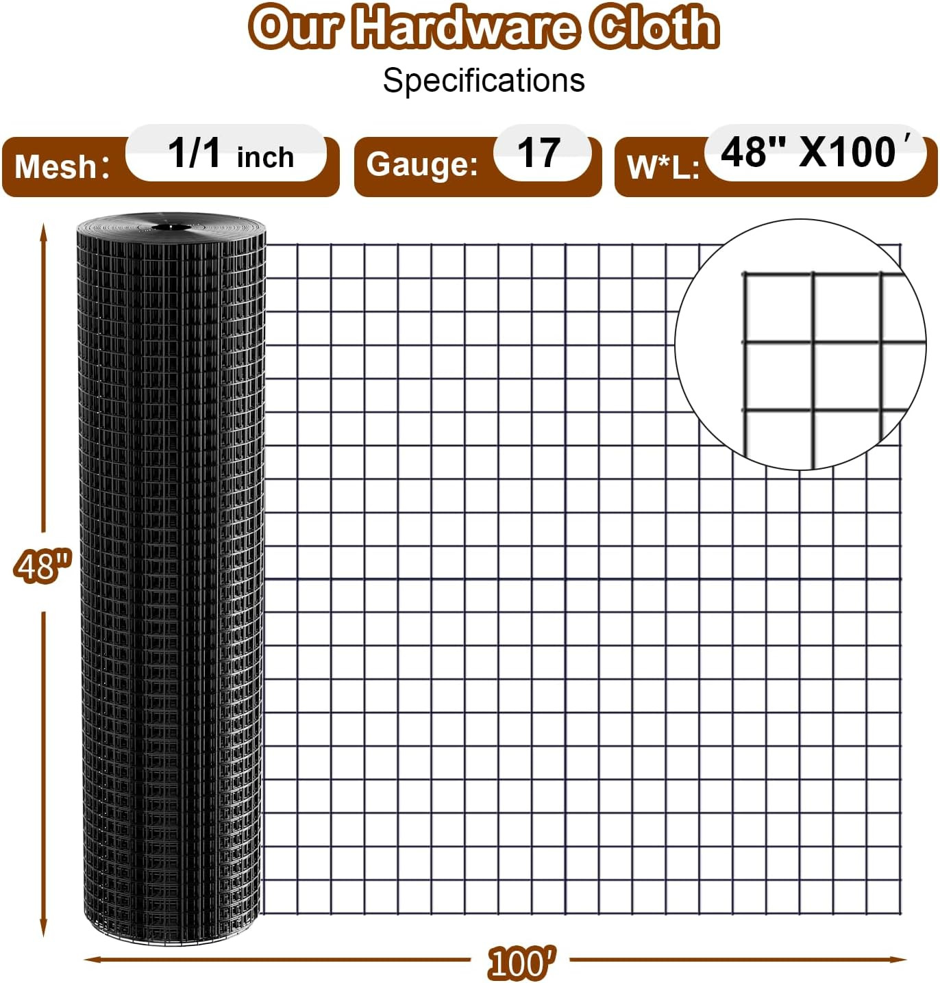 Black Hardware Cloth 1 Inch 48 X 100 Ft Mesh 17 Gauge Vinyl PVC Coated Welded fo