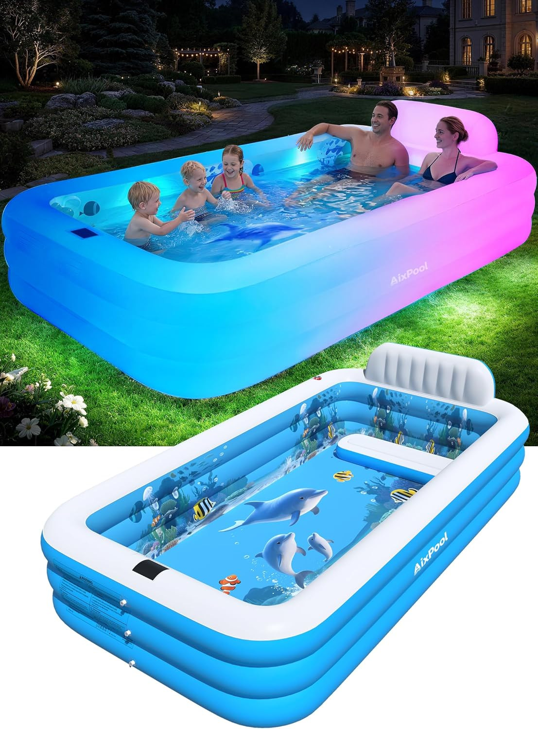 Extra Large Inflatable Pool with Lights,Upgraded Solar Powered Blow up Pool for