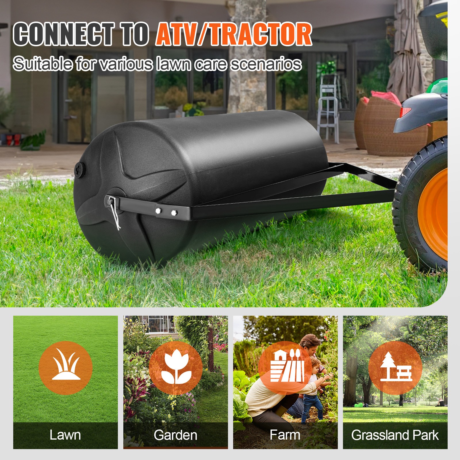 VEVOR Tow Behind Lawn Roller Yard Roller 400 lbs Sand/Water Filled Sod Roller