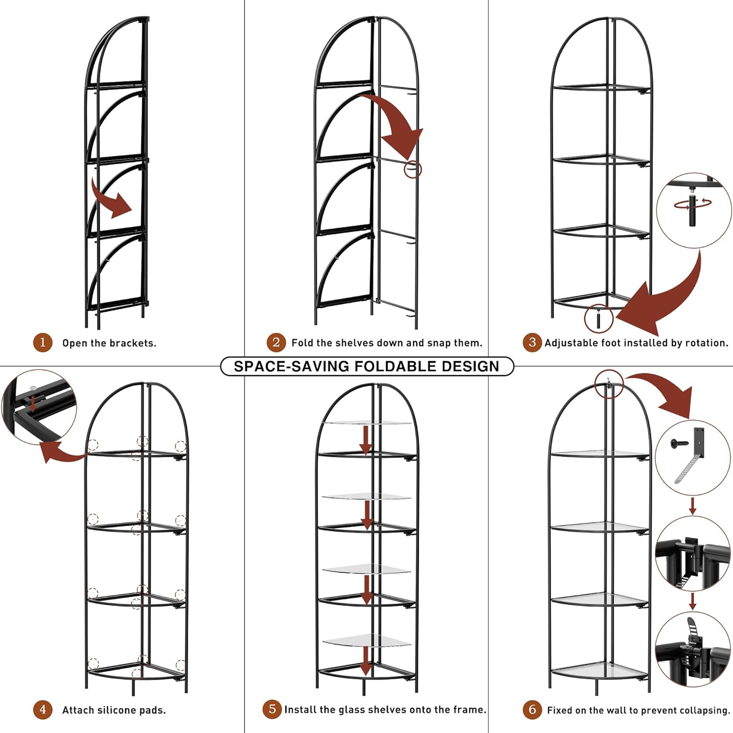 Foldable 4-Tier Metal Corner Shelf with Transparent Shelves for Any Room