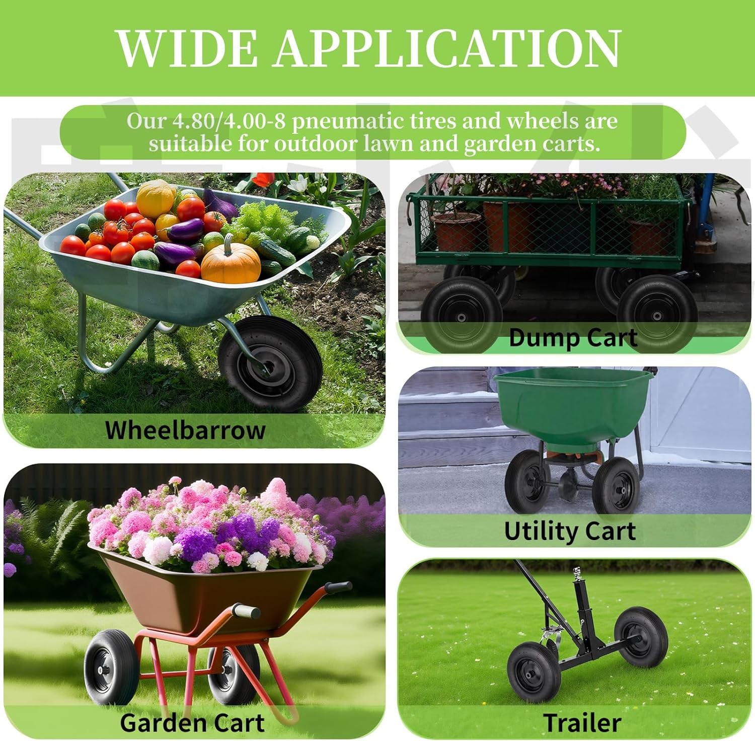 (2 Pack) 4.80/4.00-8 Tire and Wheel, 16″ Pneumatic Wheelbarrow Tires with 3″ Cen