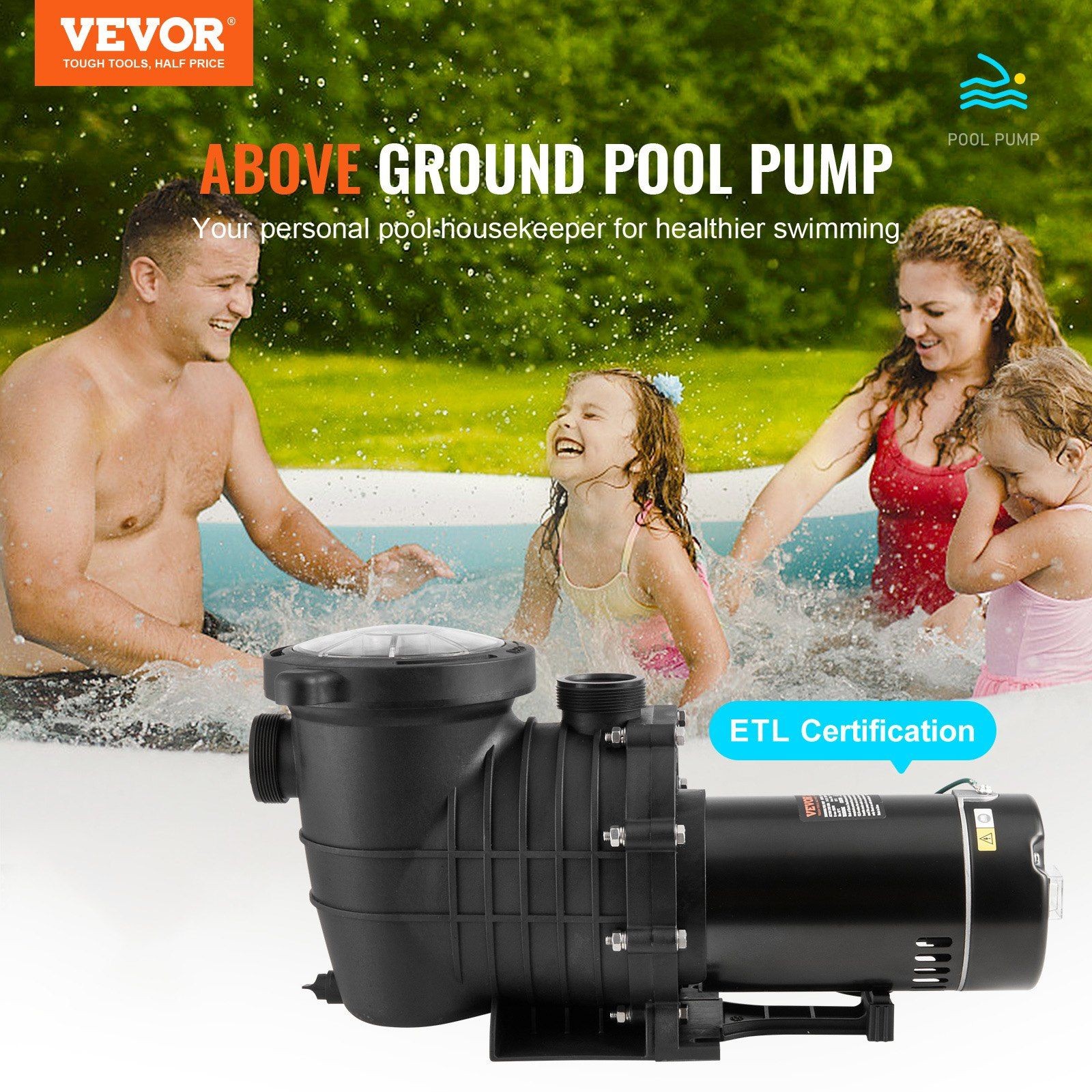 2HP Thermally Protected Pool Pump 110GPM Flow 59ft Head with UL Certification