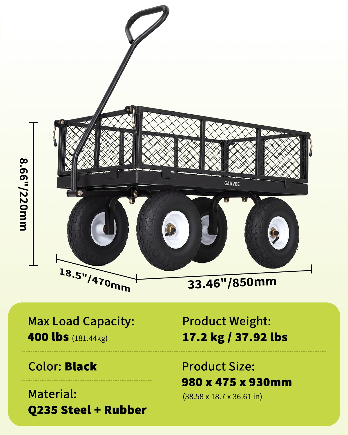 400LB Garden Utility Cart Wagon w/ 4 Removable Sides 10in Tires for Yard Lawn