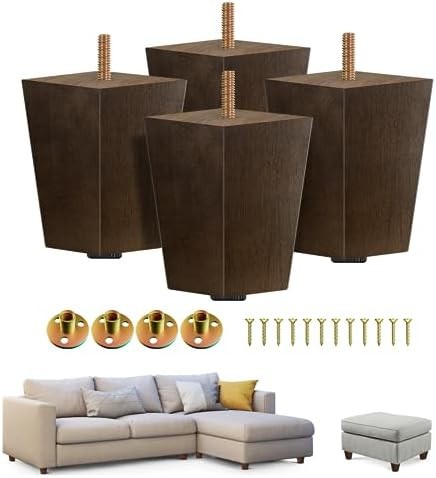 Yes4All 4-Inch Square Wooden Furniture Legs Set of 4, Brown Mid-Century Modern F