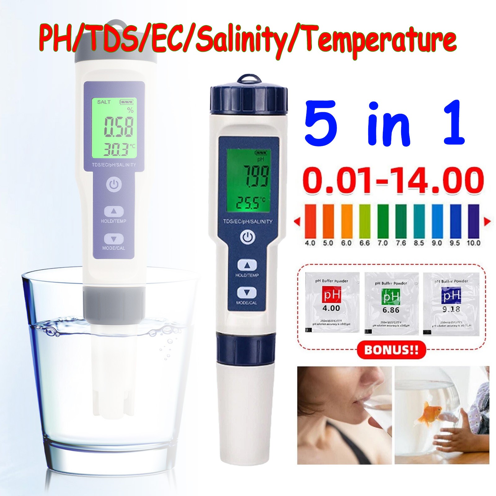 5 In 1 PH/TDS/EC/Salinity/Temperature Digital Water Quality Meter Tester Tool