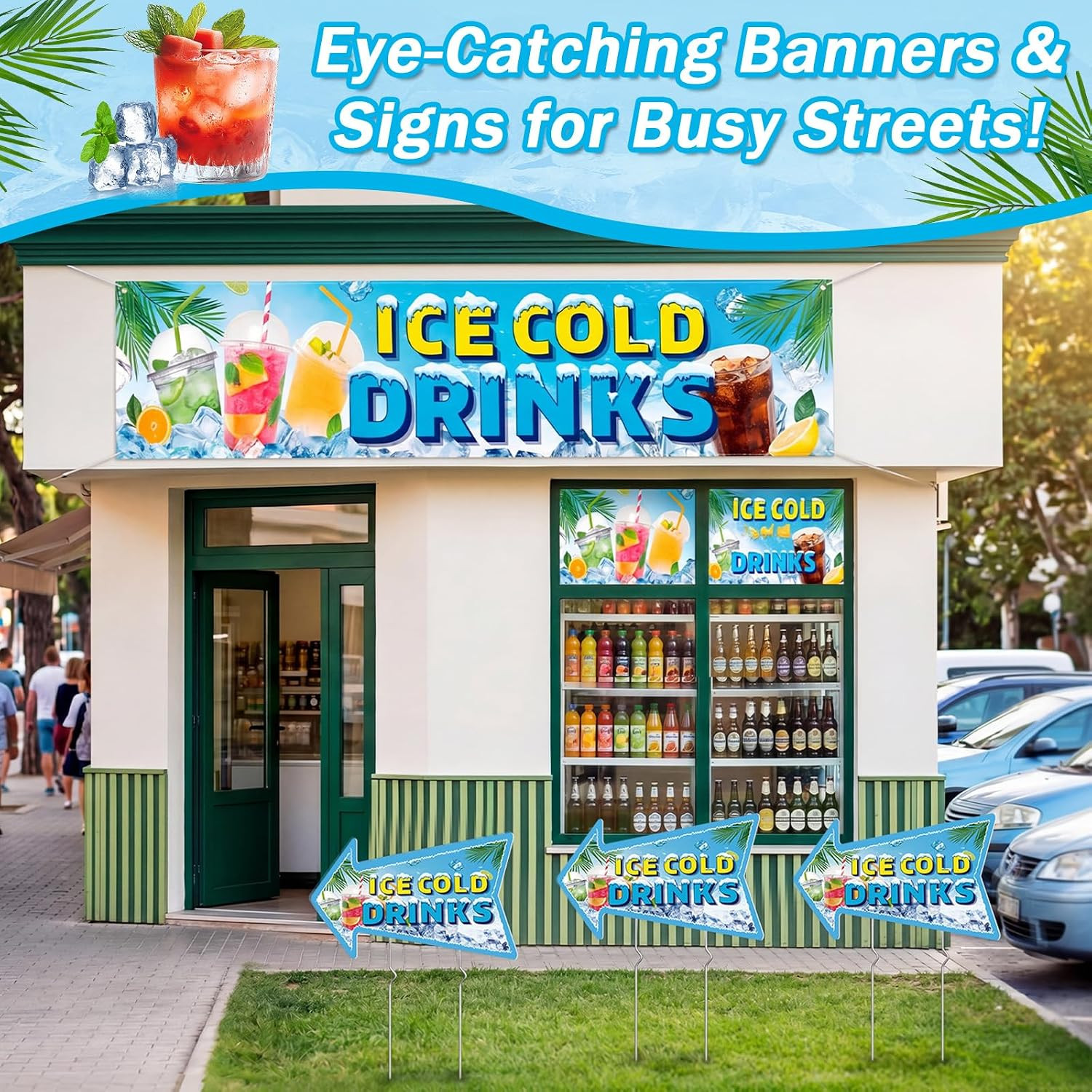 4 Pack Ice Cold Drinks Banner Stand Supplies 1Pcs 2X10 Ft Banner and 3 Pcs Ice C
