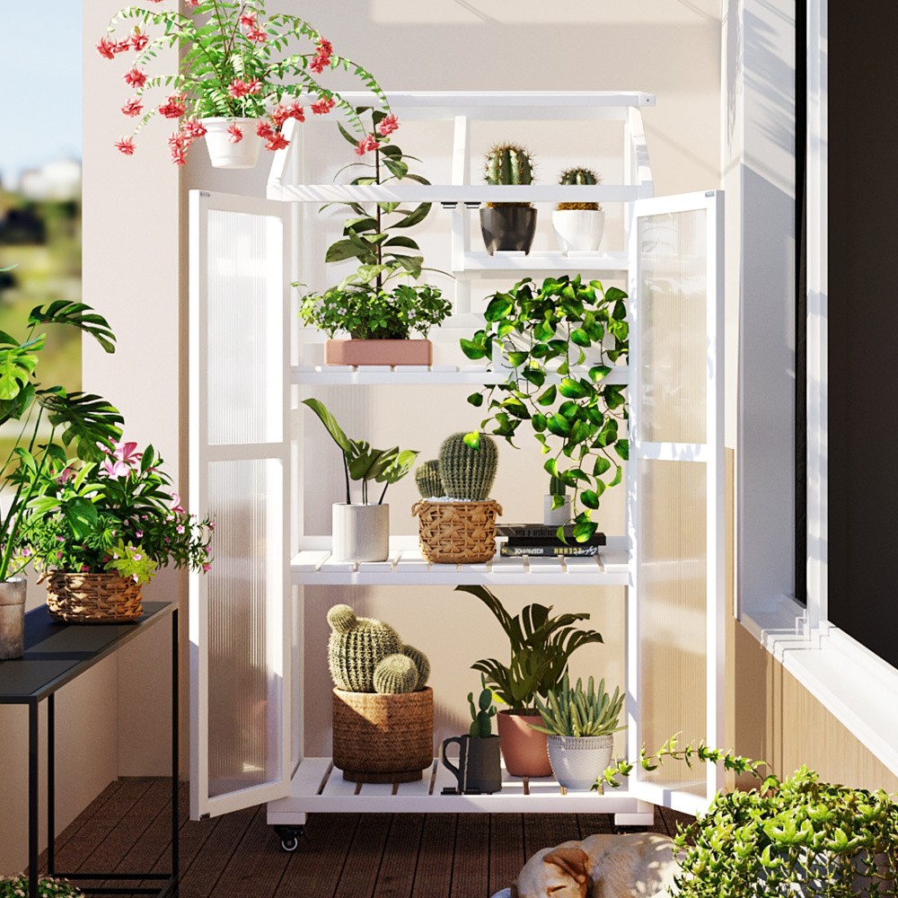Large Greenhouse Balcony Portable Cold Frame W Wheels Adjustable Shelves