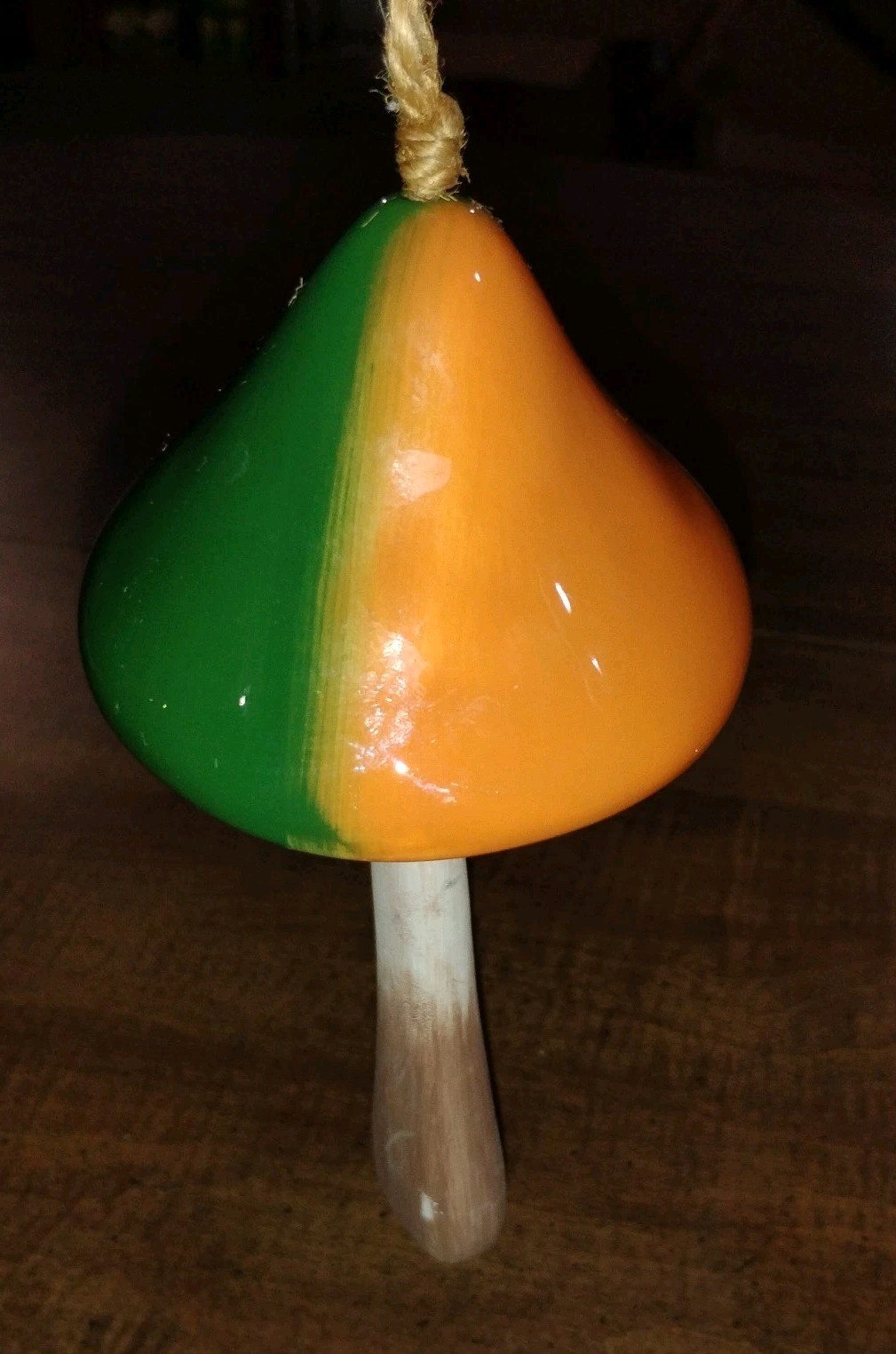 Ceramic Pottery Mushroom Windchime. Green, Orange, Brown. Whimsical