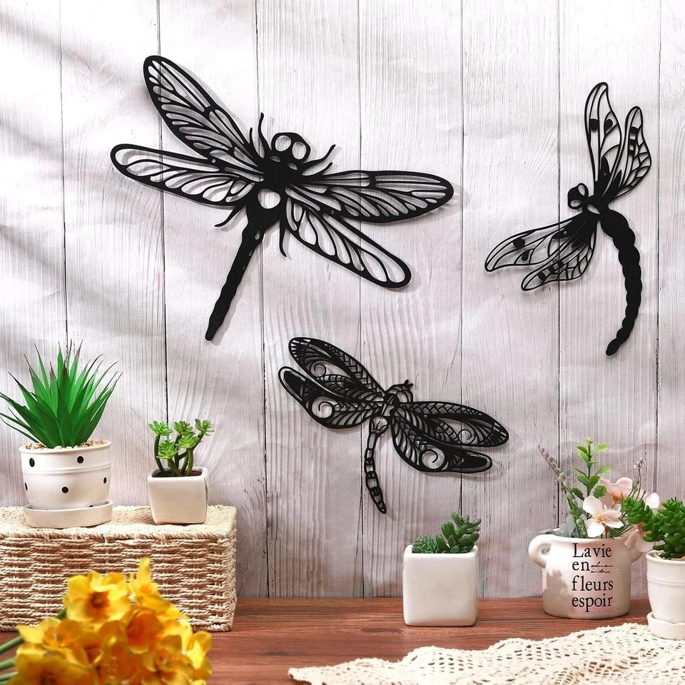 3pcs Antique Black Metal Dragonfly Wall Decoration For Country Style Art