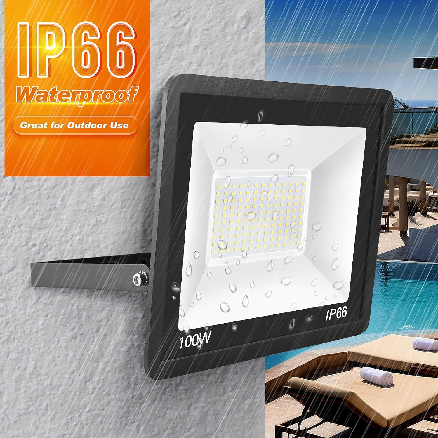 2 Pack 100W LED Flood Light 10000Lm IP66 6500K Plug In Outdoor Security