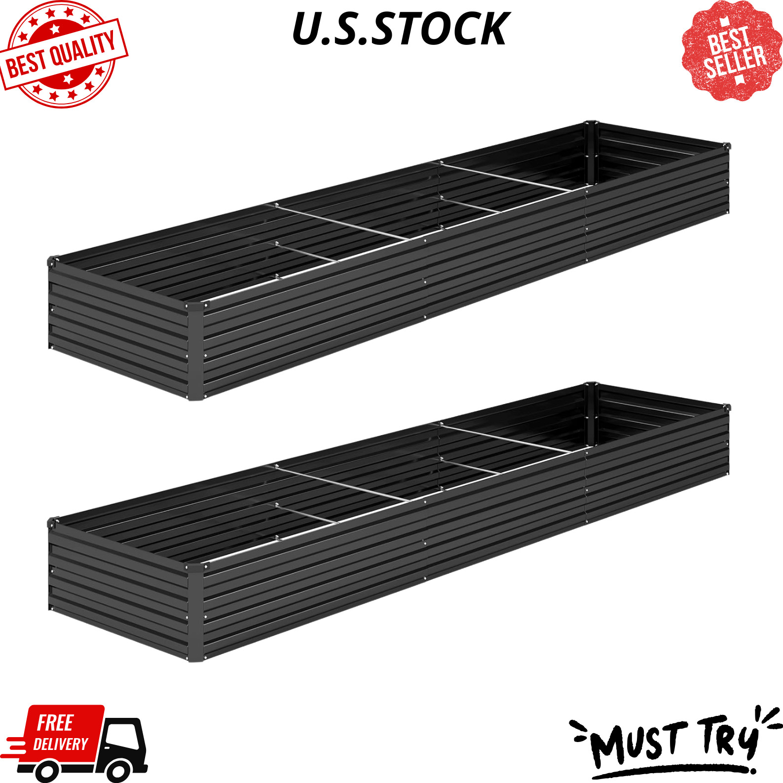 NEW 2PCS 12x2x1FT Galvanized Raised Garden Bed Metal Planter Box Black