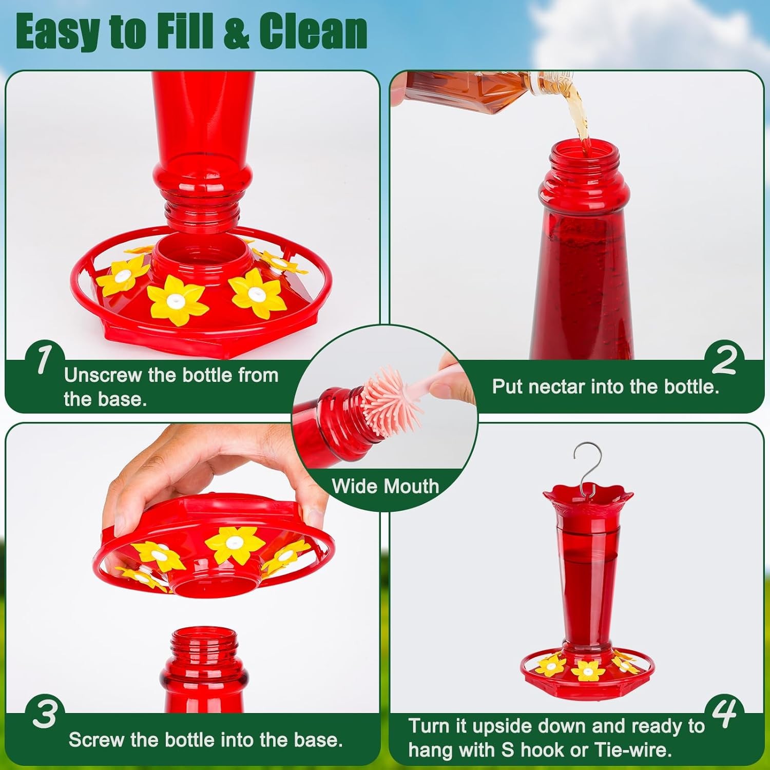 10 OZ Glass Hummingbird Feeders Outdoors Hanging Red 2 Pack Ant & Bee Proof