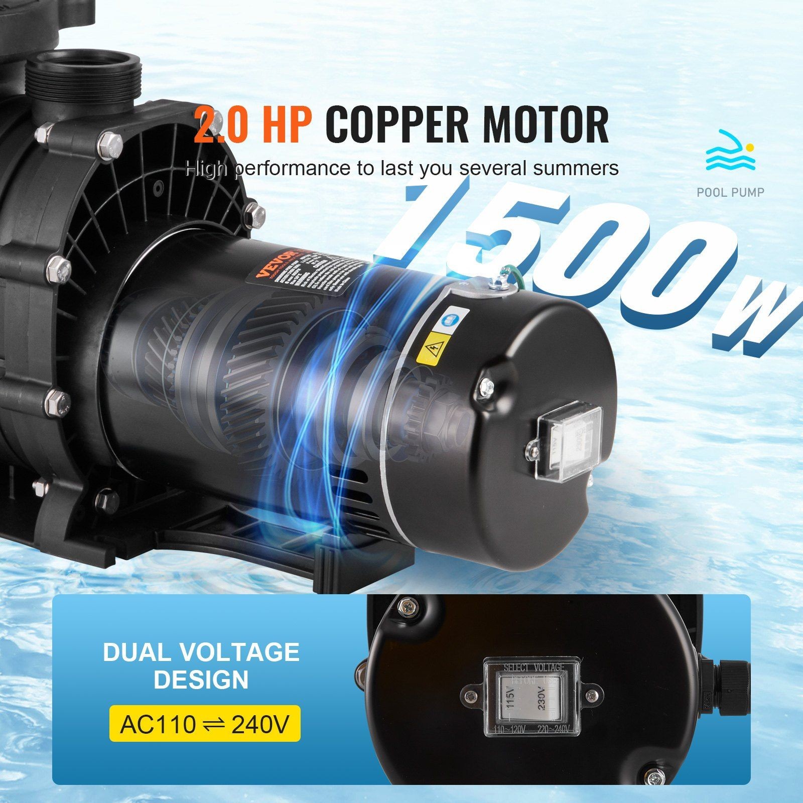2HP Thermally Protected Pool Pump 110GPM Flow 59ft Head with UL Certification