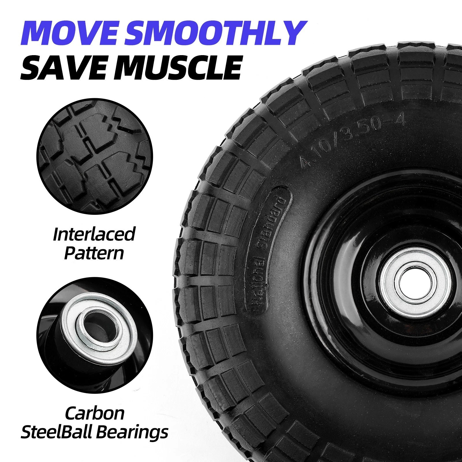 2PCS Upgrade 4.10/3.50-4 Flat Free Solid Rubber Tire and Wheel, 10″ Solid Tires