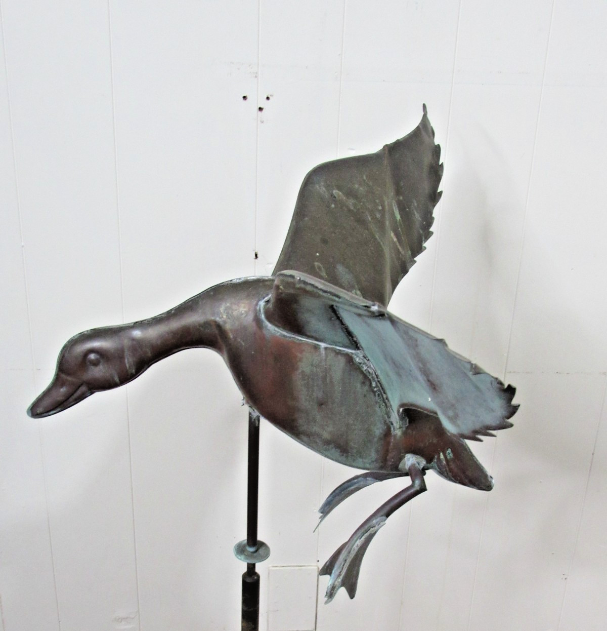 Vintage Full Size Copper Landing Flying Duck Weathervane Nice Patina