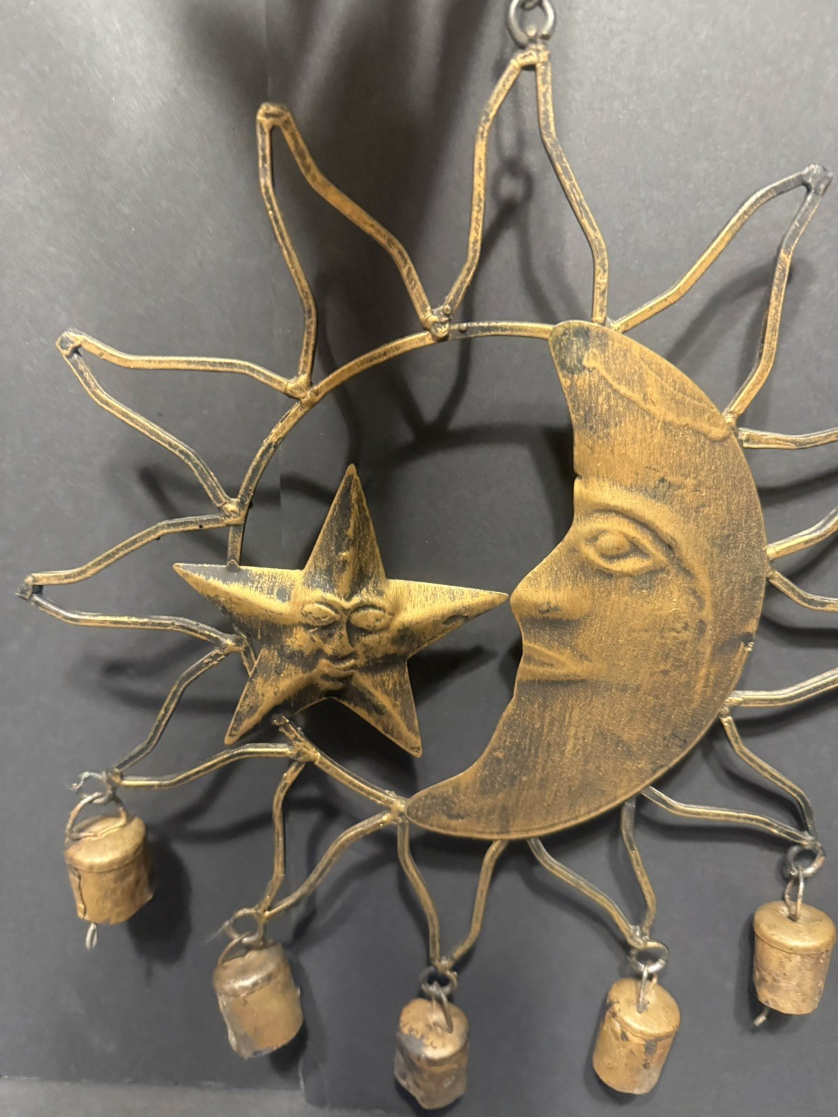 Beautiful Rustic Vintage Wind Chime – Gold Tone Metal Sun-Moon-Star