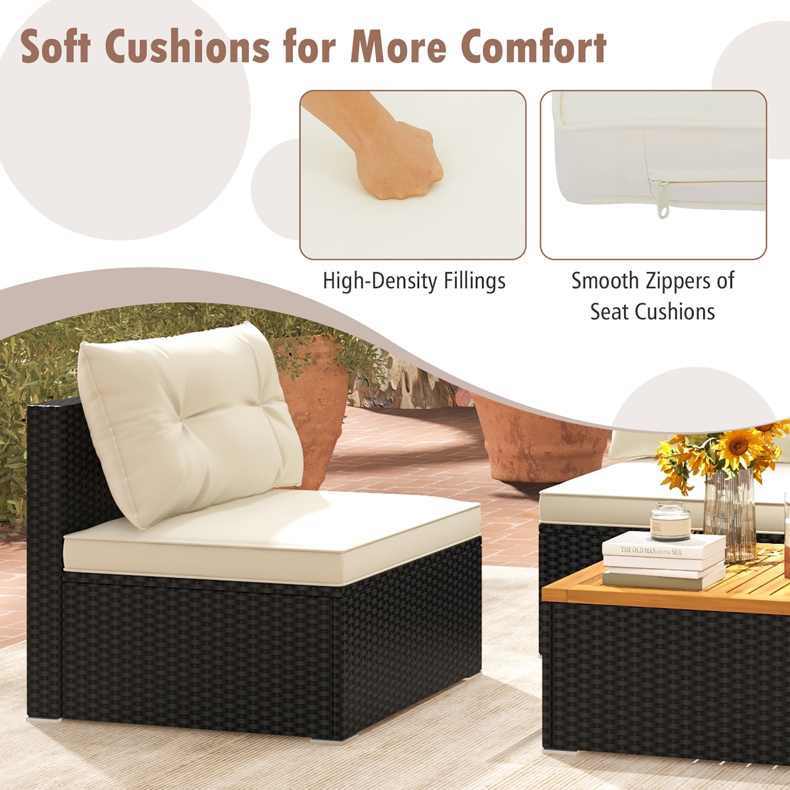 5PCS Rattan Patio Conversation Sofa Set Outdoor Furniture Set w/ Off White